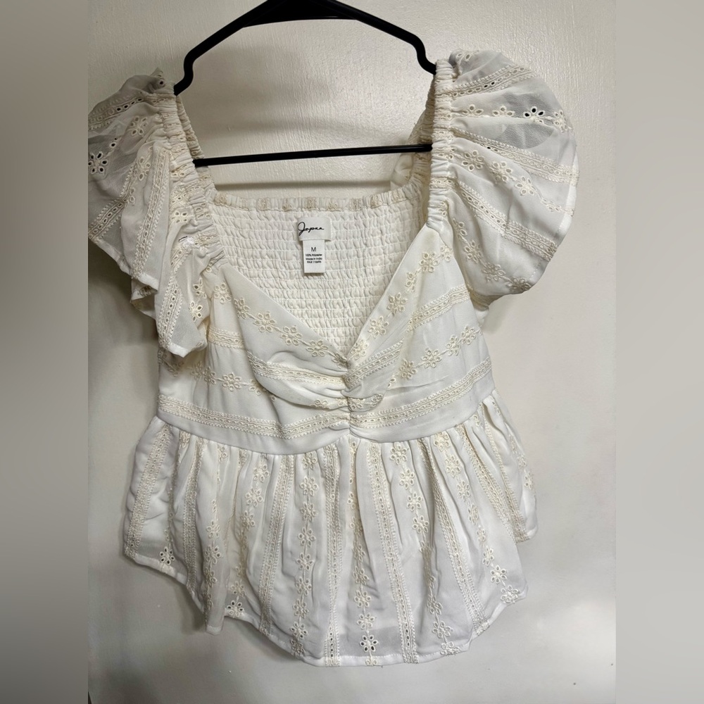 Japna Cream Eyelet Puff Sleeve Blouse